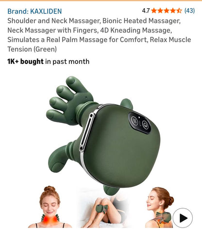 🌿 4D Bionic Heated Neck & Shoulder Massager – Deep Kneading Shiatsu Massage Pillow with Heat Therapy & Ergonomic Palm Design
