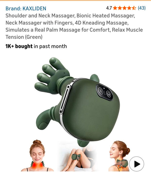 🌿 4D Bionic Heated Neck & Shoulder Massager – Deep Kneading Shiatsu Massage Pillow with Heat Therapy & Ergonomic Palm Design