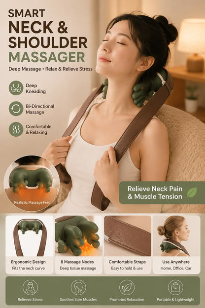 🌿 4D Bionic Heated Neck & Shoulder Massager – Deep Kneading Shiatsu Massage Pillow with Heat Therapy & Ergonomic Palm Design
